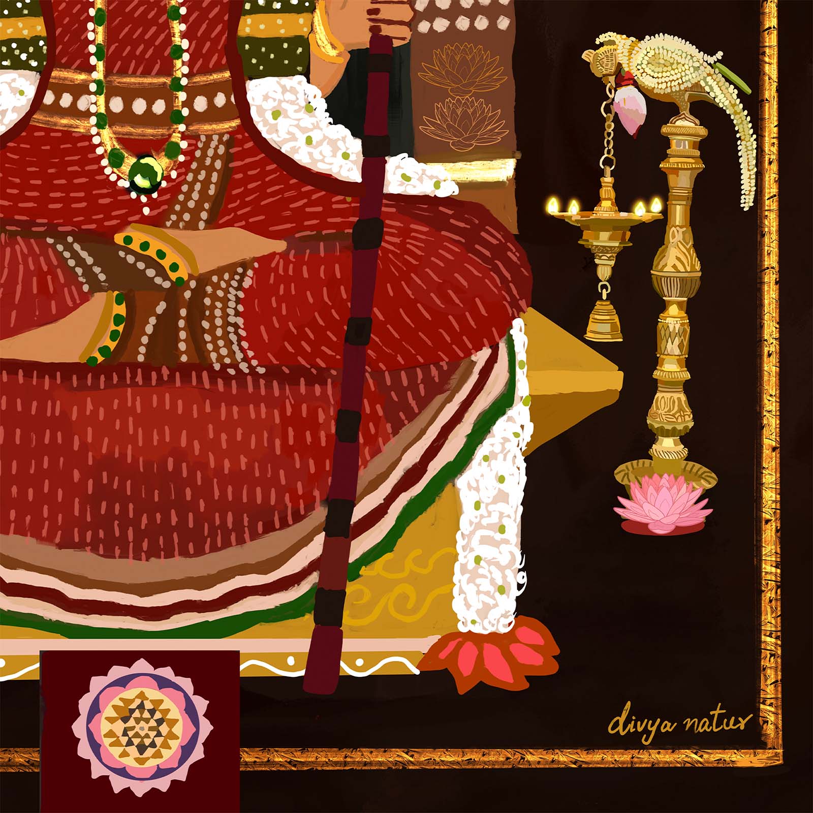 Hindu goddess Lalitha Devi wall art in dark background with intricate gold ornaments