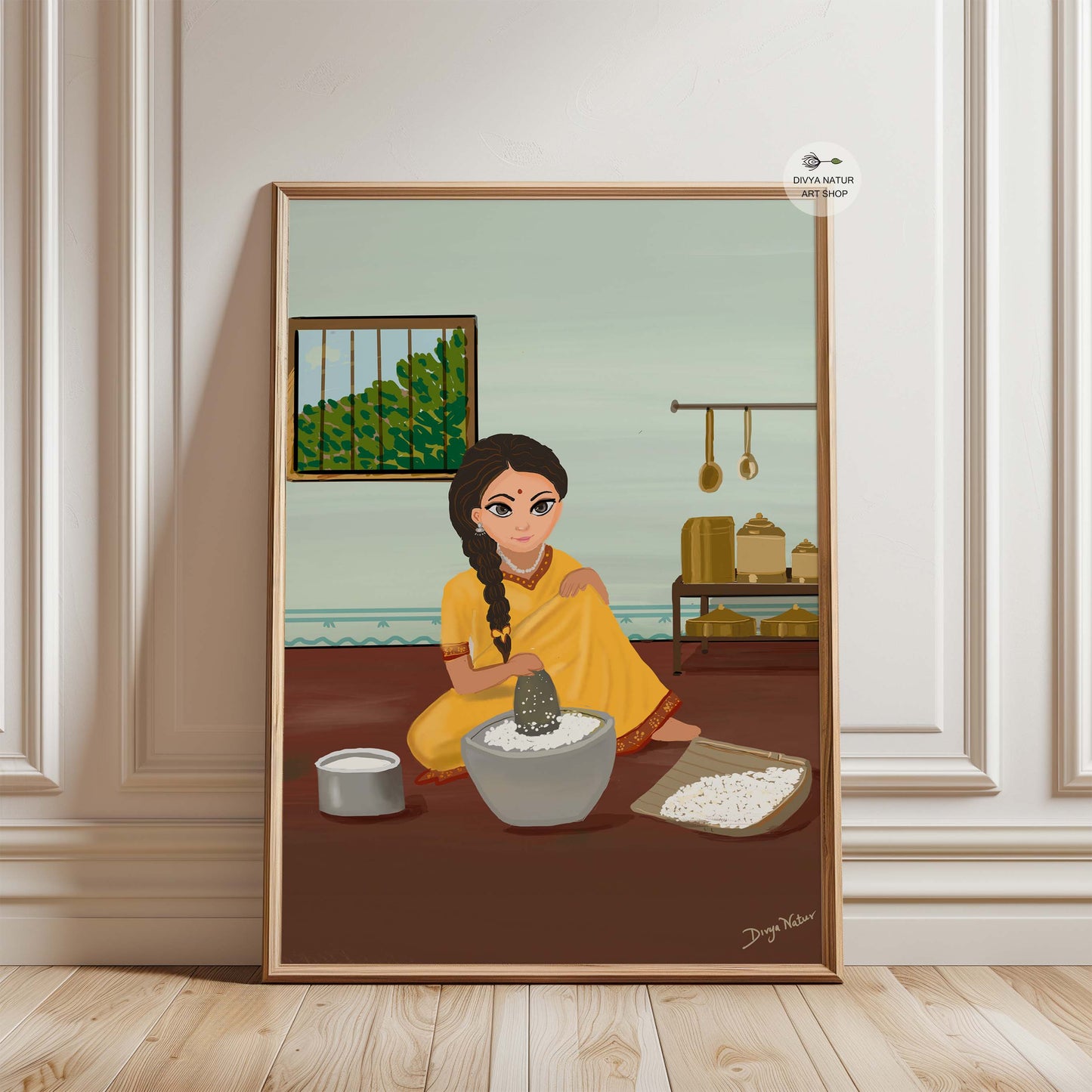 Cultural heritage art of Indian woman cooking in a classic home kitchen setting.