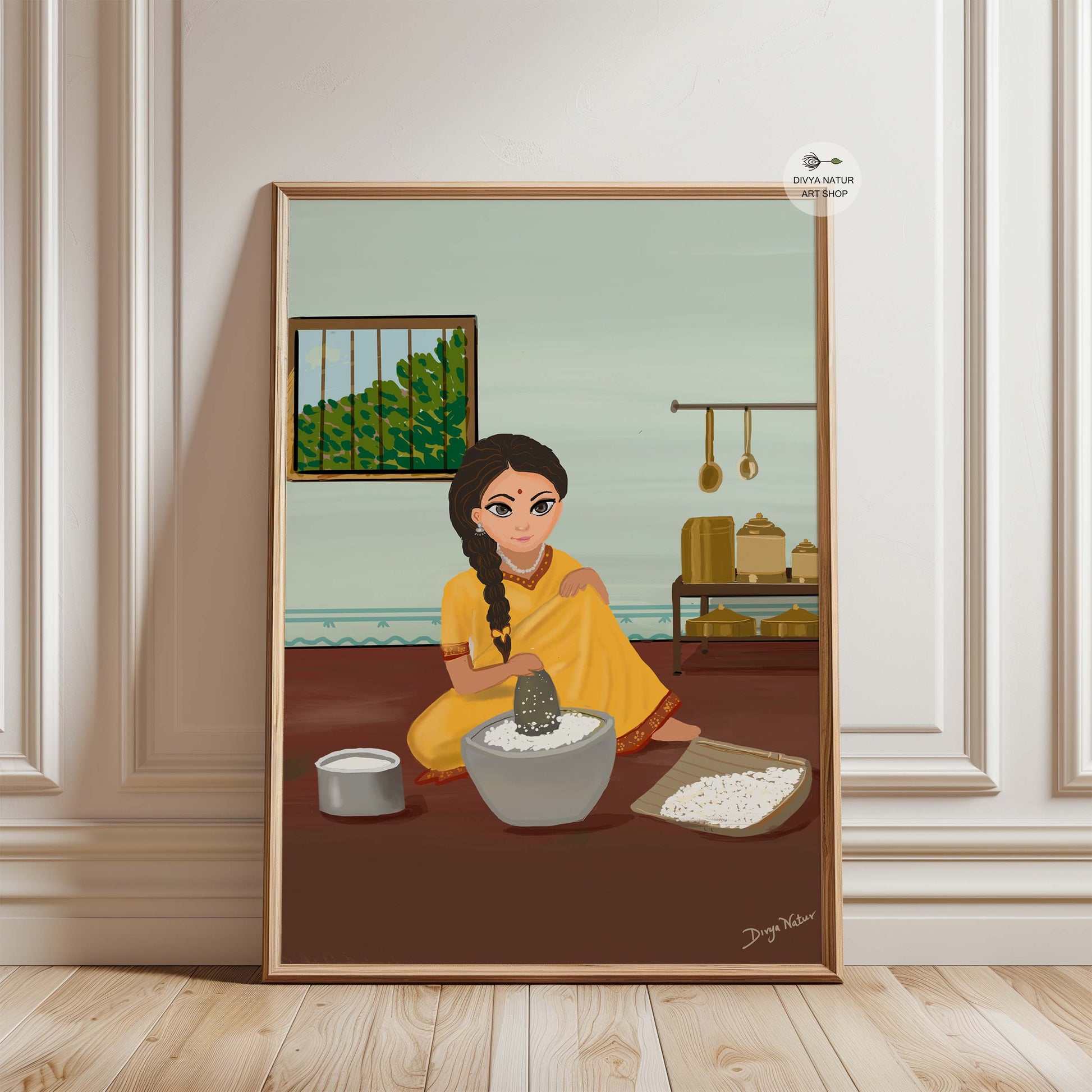 Cultural heritage art of Indian woman cooking in a classic home kitchen setting.
