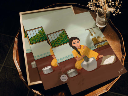 Ethnic wall decor showcasing traditional Indian cooking practices with a stone grinder
