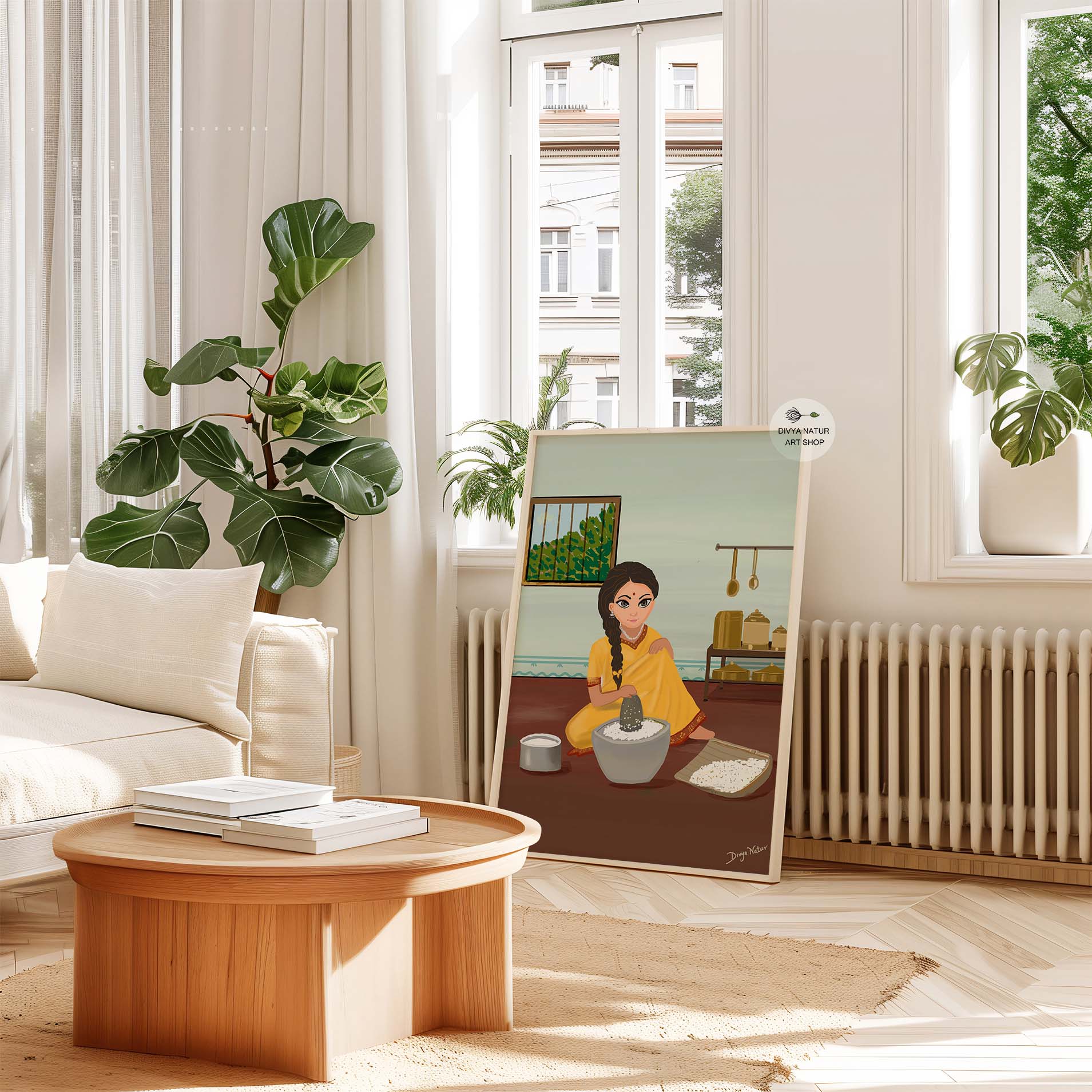 Handmade illustration of a South Indian kitchen with utensils and greenery.