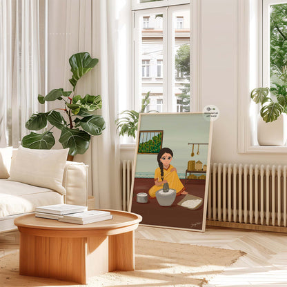 Handmade illustration of a South Indian kitchen with utensils and greenery.
