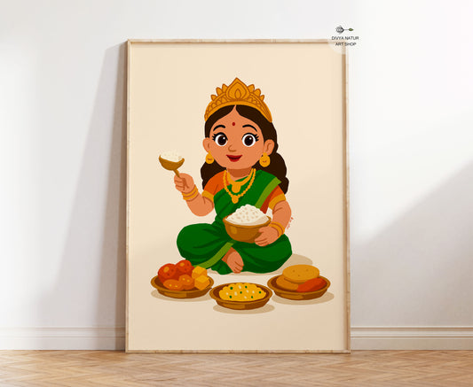 Hand illustrated Baby Annapurna wall art holding rice bowl and ladle