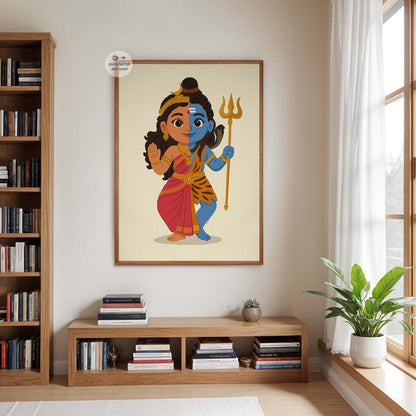 Illustrated Shiva Parvati combined form baby devotional art