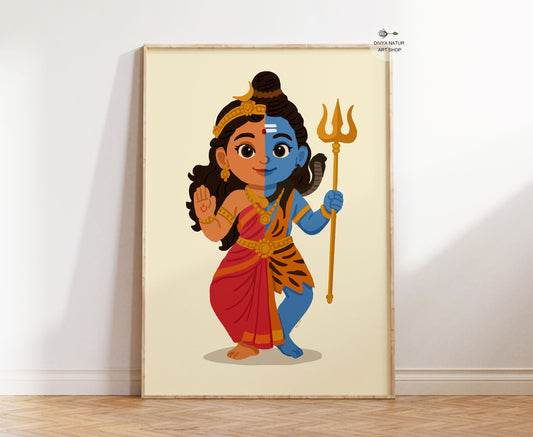 Hand illustrated Baby Ardhaneshwar wall art representing Shiva Shakti unity