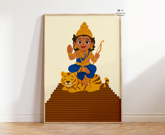 Hand illustrated Baby Ayyappa wall art seated with tiger symbolizing devotion