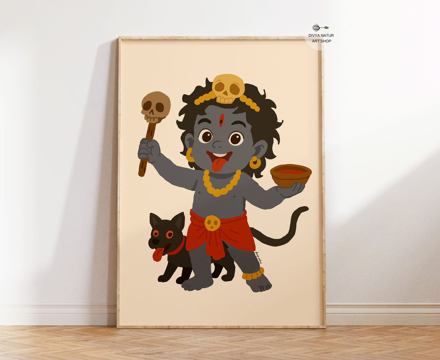 Hand illustrated Baby Bhairava wall art with guardian dog