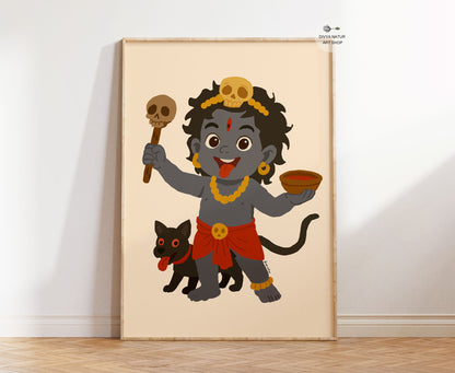 Hand illustrated Baby Bhairava wall art with guardian dog