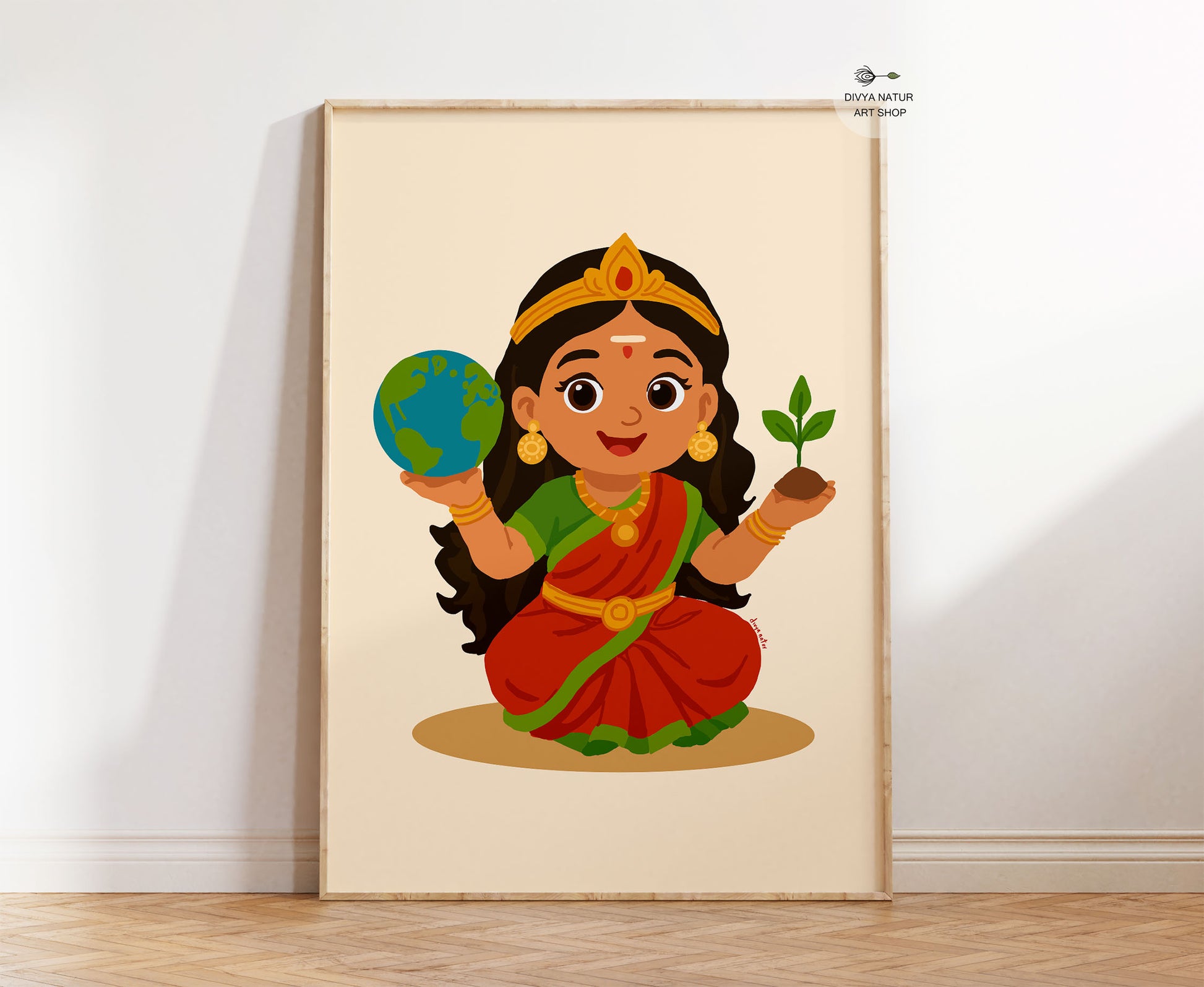 Hand illustrated Baby Bhumi Devi wall art holding Earth and sapling