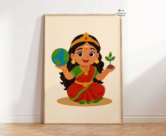 Hand illustrated Baby Bhumi Devi wall art holding Earth and sapling