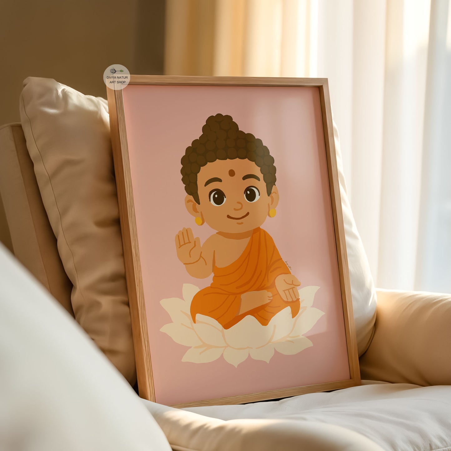 Cute Baby Buddha illustration with blessing hand gesture for mindful baby room wall art