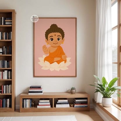Peaceful Baby Buddha artwork on lotus with soft peach background for meditation decor