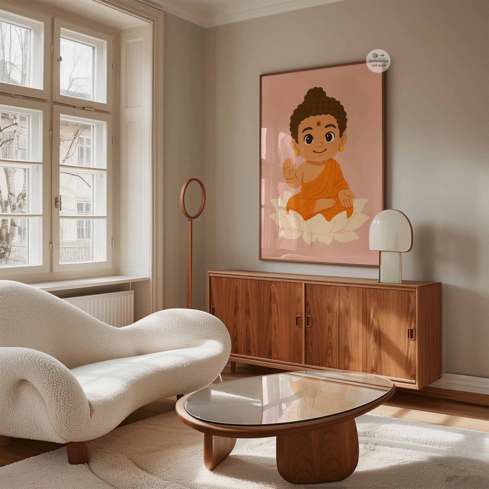 Illustrated Buddha child form wall art print for yoga room and nursery styling
