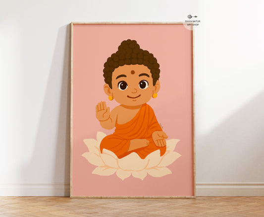 Hand illustrated Baby Buddha wall art print seated on lotus flower for spiritual nursery decor
