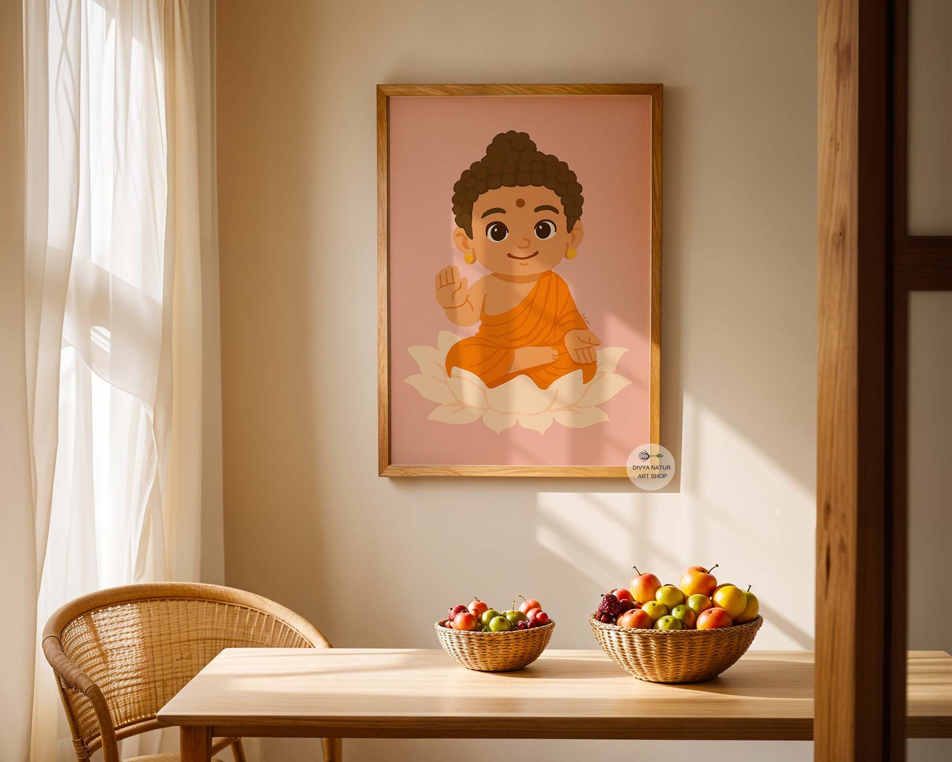 Baby Buddha seated on lotus flower print for calm and serene nursery wall decor
