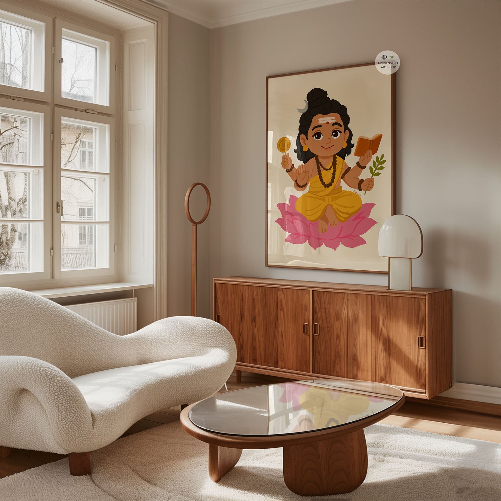 Spiritual nursery wall art featuring Baby Dakshinamurthy on pink lotus