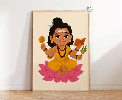Hand illustrated Baby Dakshinamurthy wall art seated on lotus holding scripture