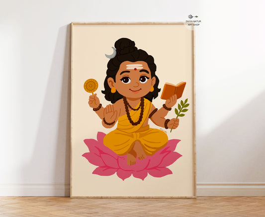 Hand illustrated Baby Dakshinamurthy wall art seated on lotus holding scripture