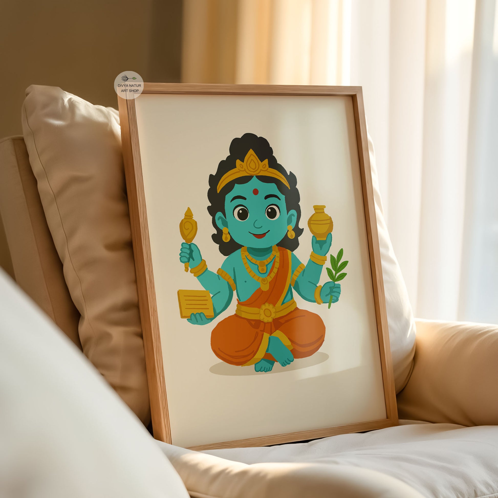 Baby Dhanvantari Hindu god illustration holding healing symbols