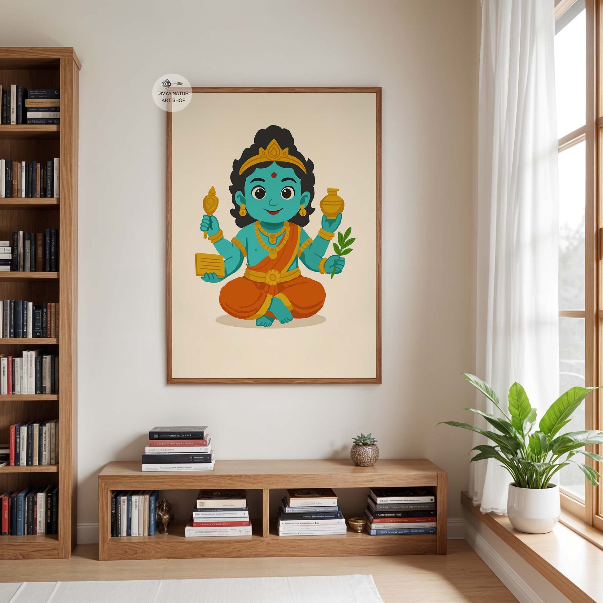 Wellness inspired nursery decor featuring Baby Dhanvantari artwork