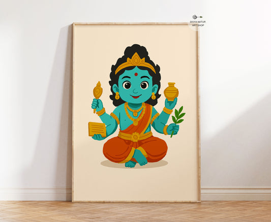 Hand illustrated Baby Dhanvantari wall art symbolizing Ayurvedic healing