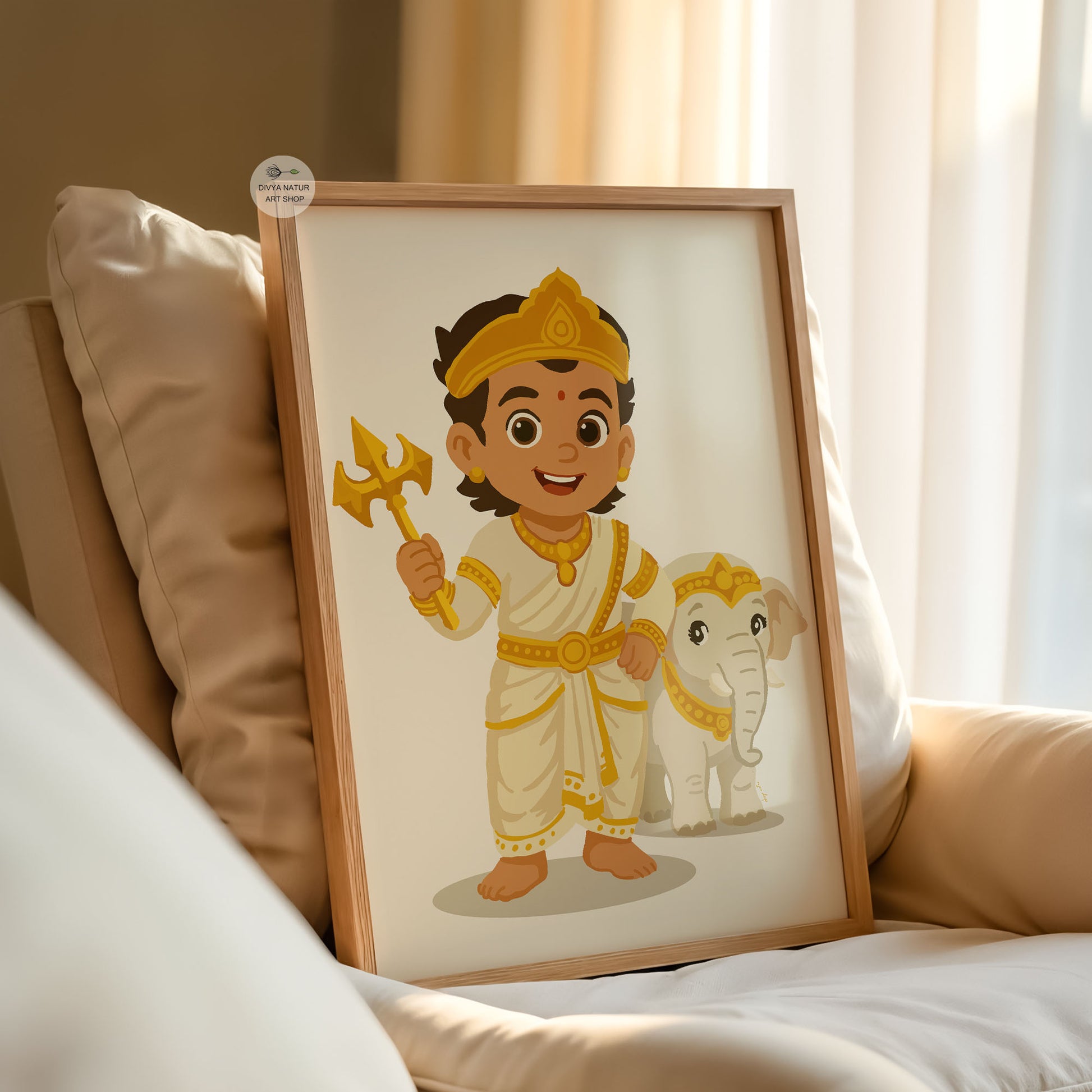 Baby Indra Hindu god illustration with thunderbolt and white elephant nursery decor