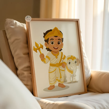 Baby Indra Hindu god illustration with thunderbolt and white elephant nursery decor