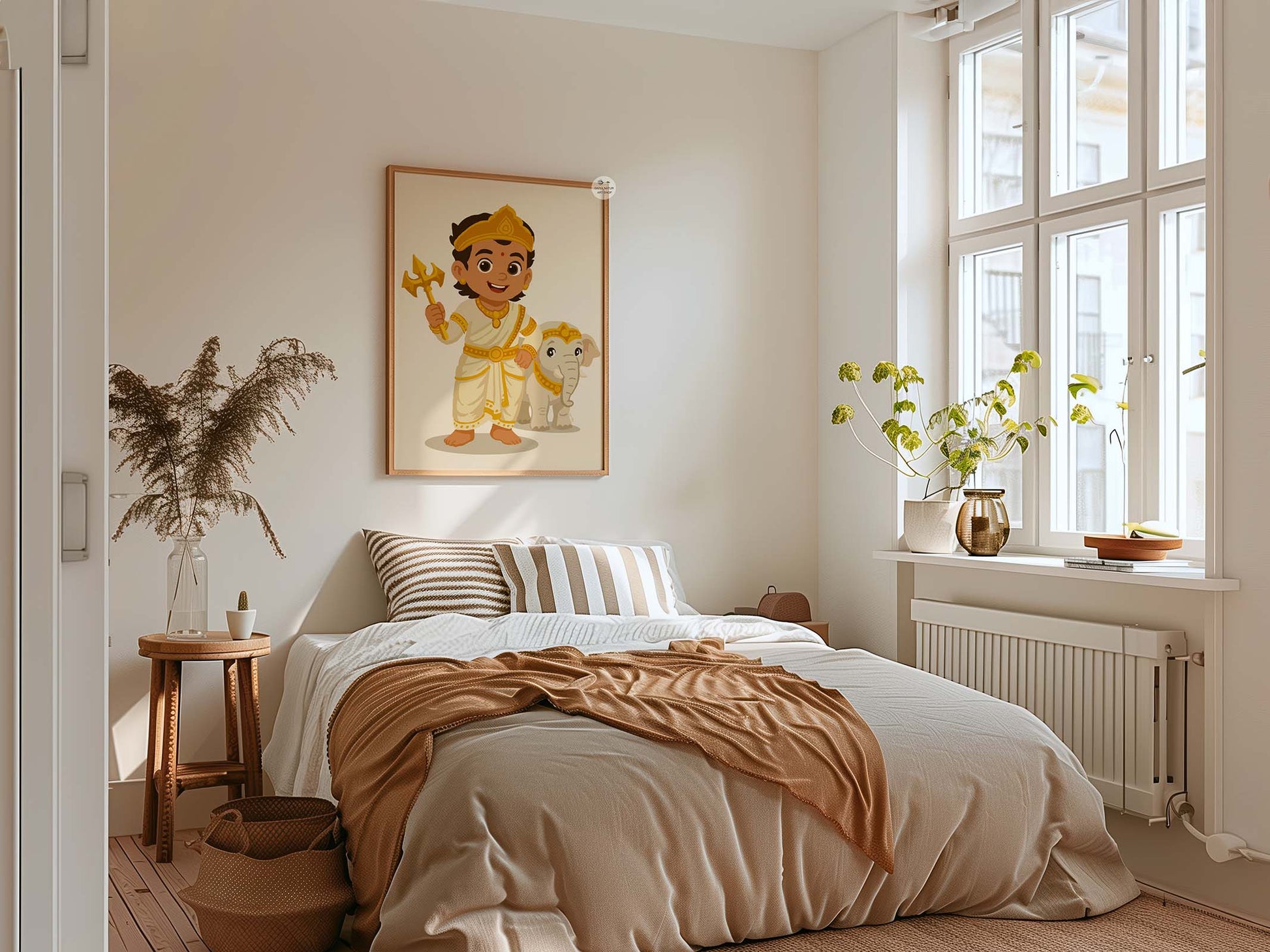 Illustrated Indra Dev child form artwork for boys spiritual room decor