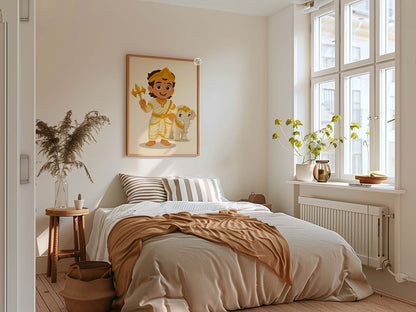 Illustrated Indra Dev child form artwork for boys spiritual room decor