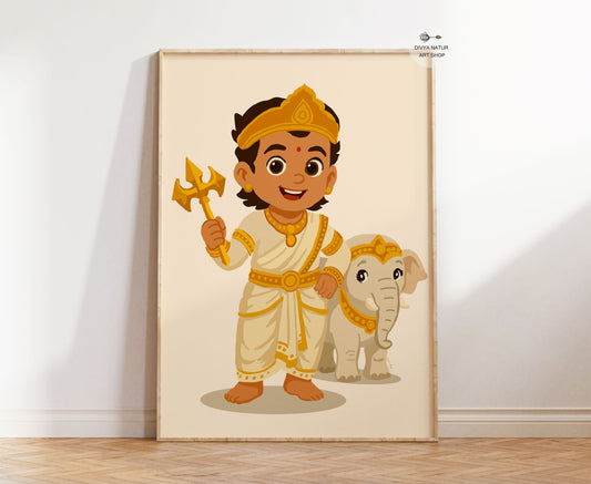 Hand illustrated Baby Indra Dev wall art print holding vajra with Airavata elephant