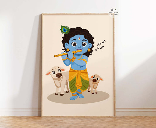 Baby Krishna playing flute with two cute calves in vibrant devotional artwork for nursery décor