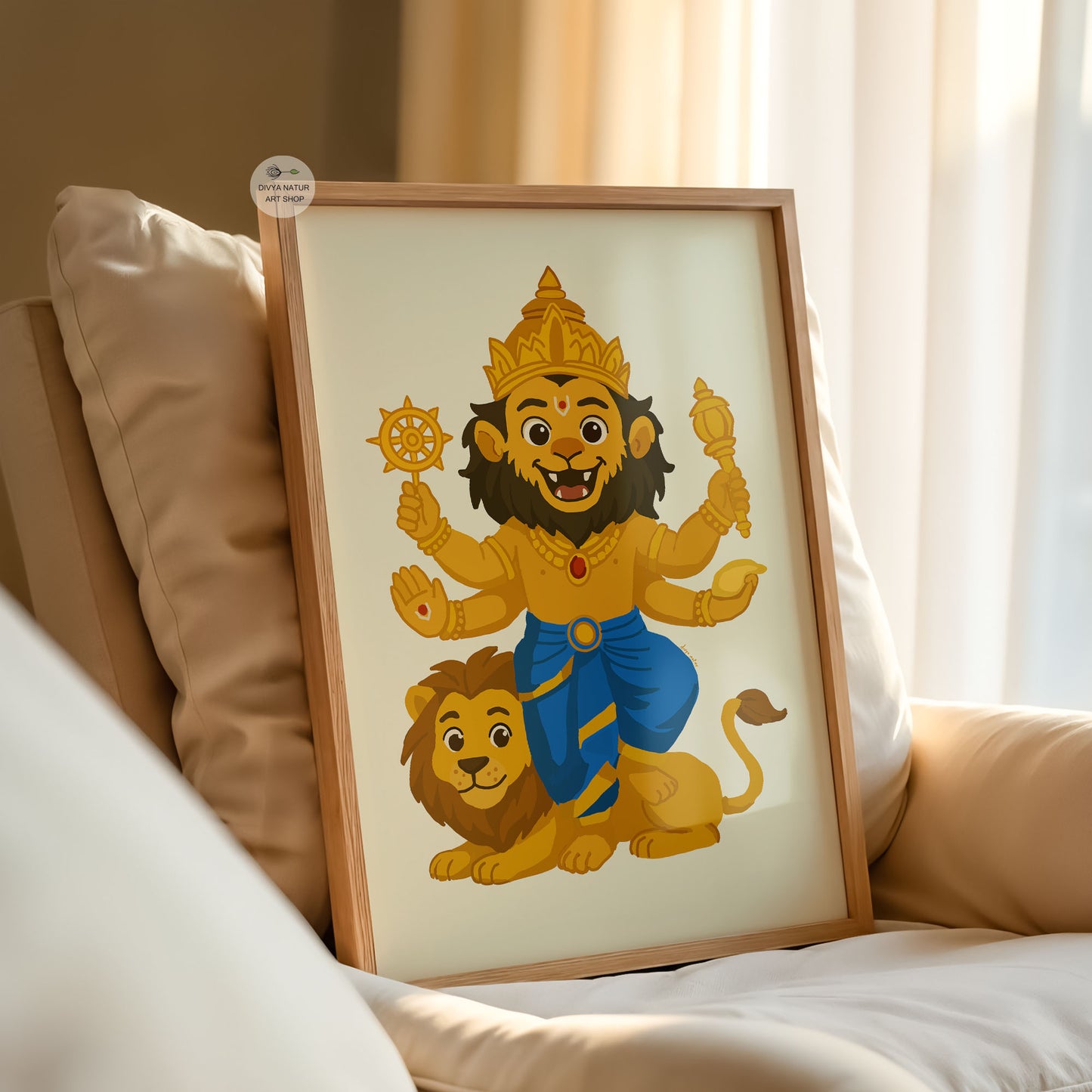 Baby Narasimha Hindu god illustration with lion companion nursery decor