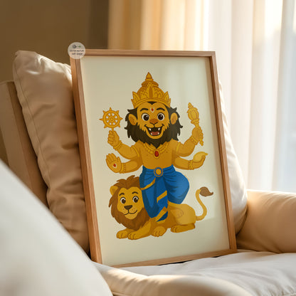 Baby Narasimha Hindu god illustration with lion companion nursery decor