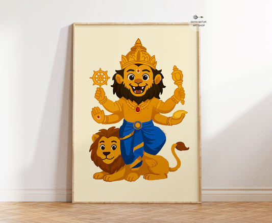Hand illustrated Baby Narasimha wall art featuring lion avatar of Vishnu
