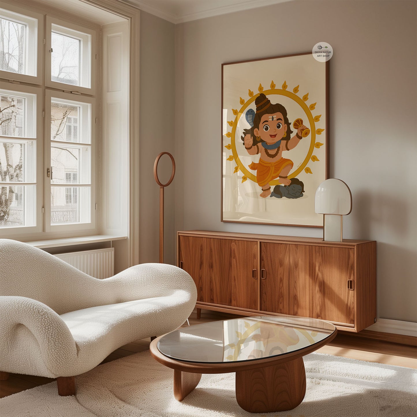 Illustrated child form of Lord Shiva dancing within golden circle wall art