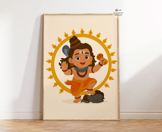 Hand illustrated Baby Nataraja wall art print featuring Shiva cosmic dance in nursery decor