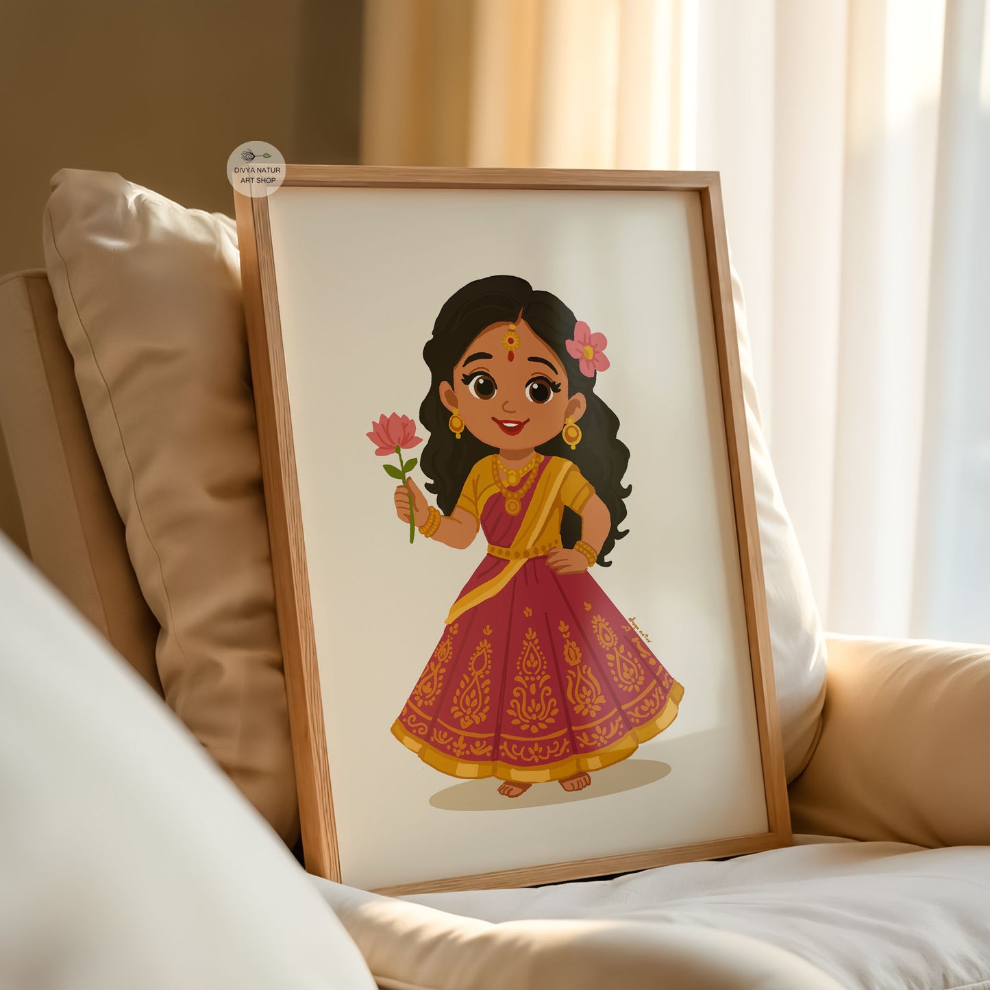 Cute Baby Radha illustration holding flower for Indian baby girl room wall art