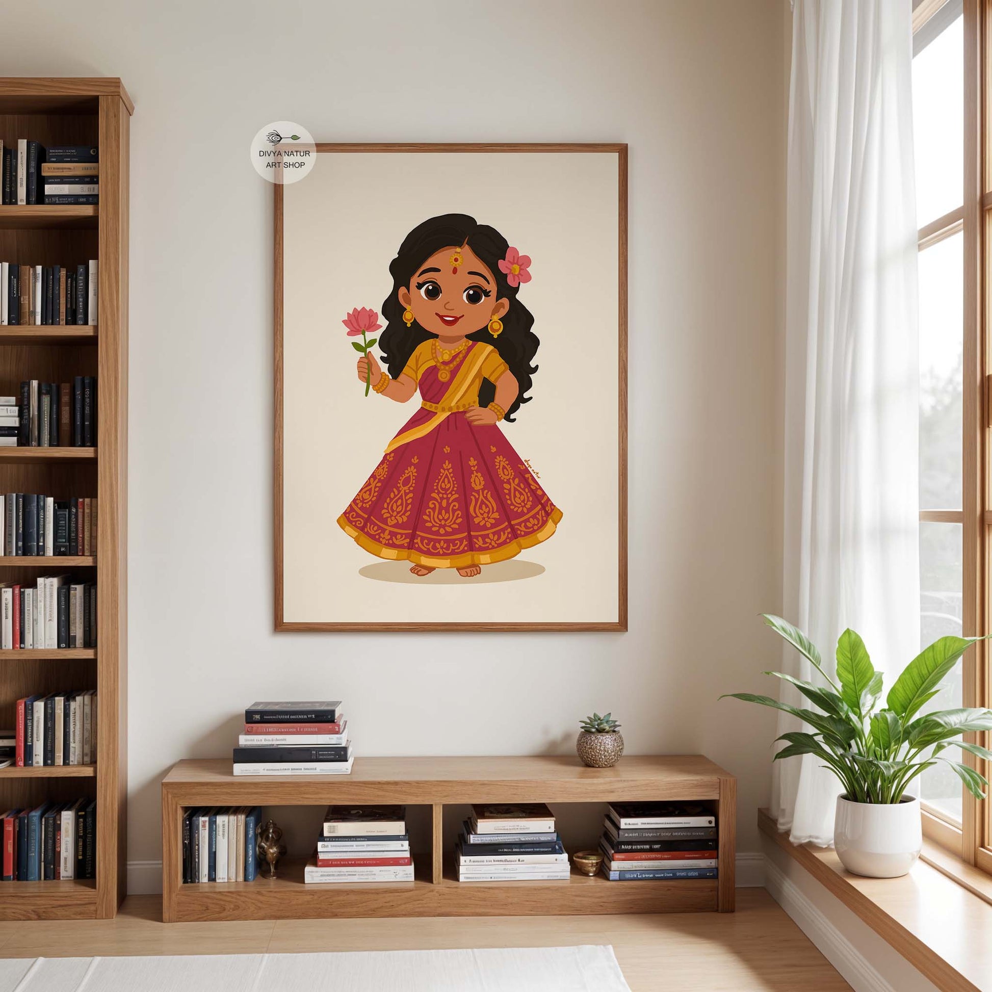 Baby Radha Hindu goddess artwork with jewelry and traditional dress for cultural nursery