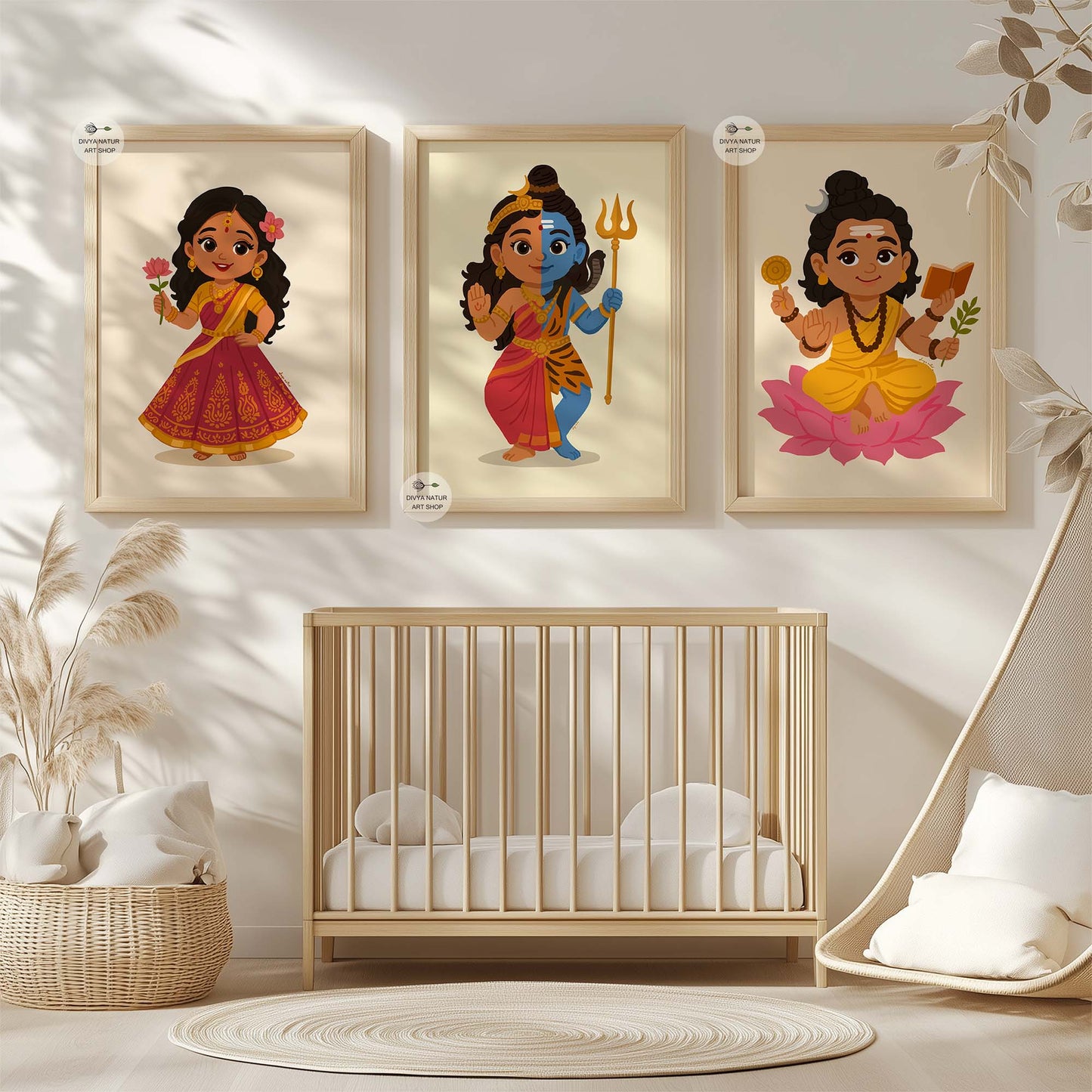Indian baby girl nursery art featuring hand illustrated Radha with pink flower