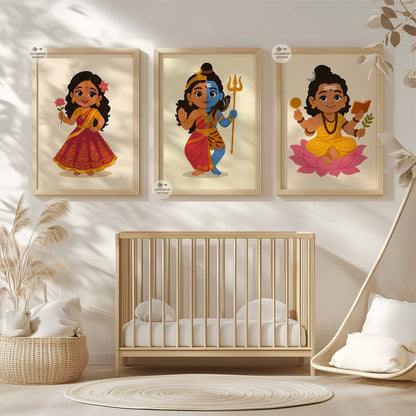 Indian baby girl nursery art featuring hand illustrated Radha with pink flower