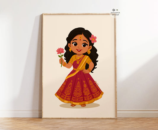 Hand illustrated Baby Radha wall art print wearing traditional lehenga for Hindu nursery decor