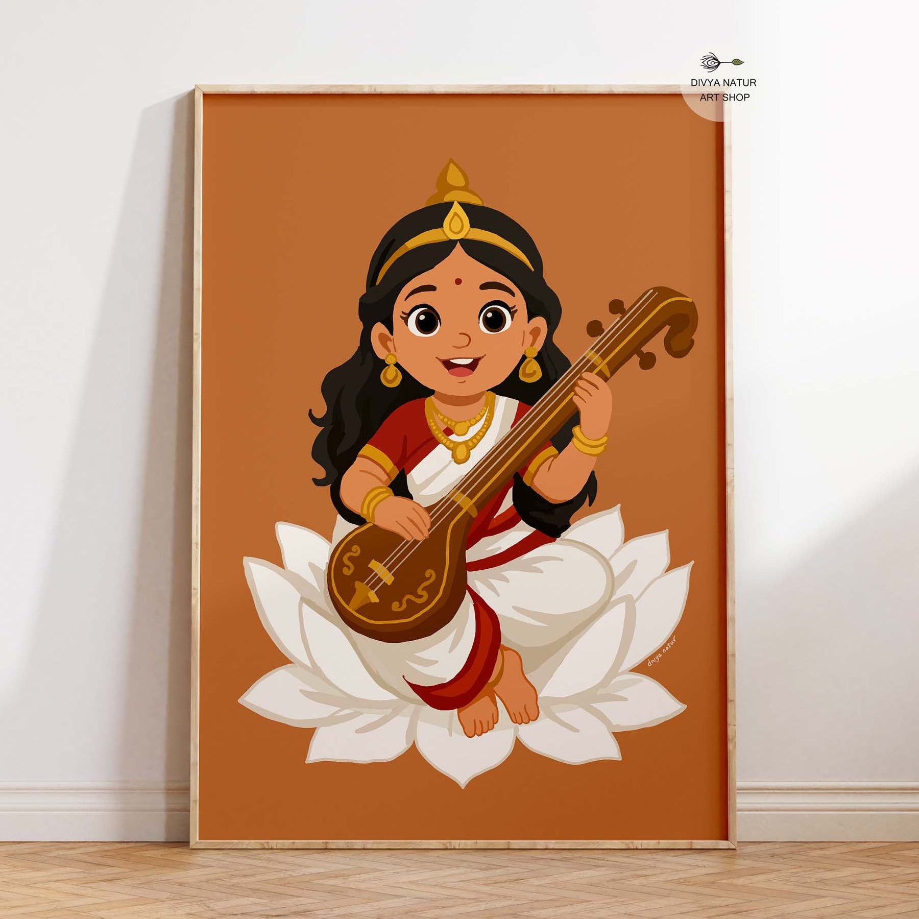 Baby Saraswati art print sitting on lotus holding veena, symbol of wisdom and music in Hindu cultur