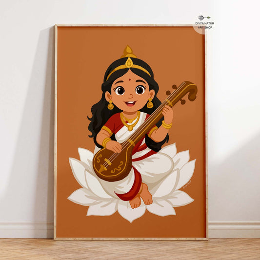 Baby Saraswati art print sitting on lotus holding veena, symbol of wisdom and music in Hindu cultur