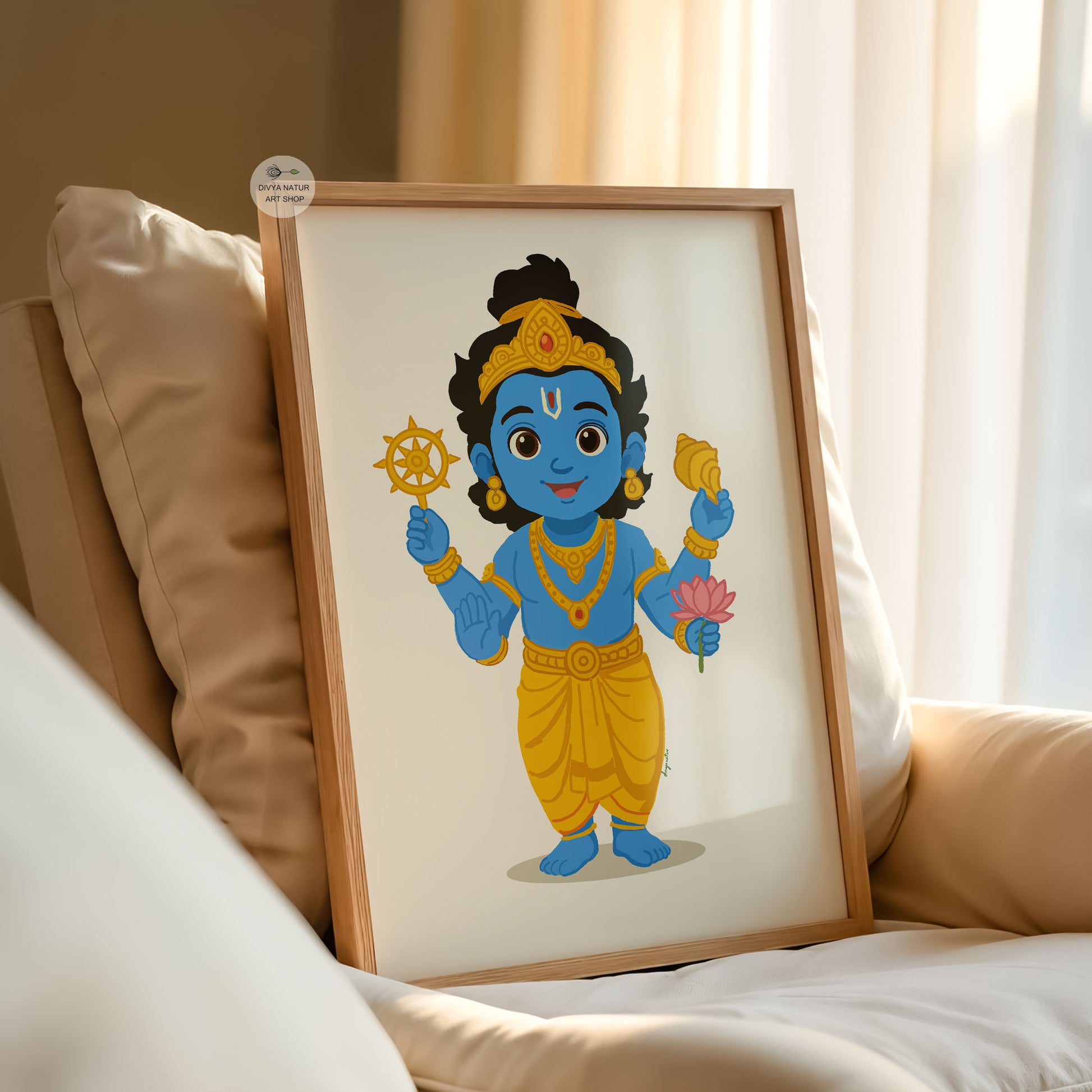 Cute Baby Vishnu Hindu god illustration holding Sudarshan Chakra and lotus for spiritual baby room wall decor