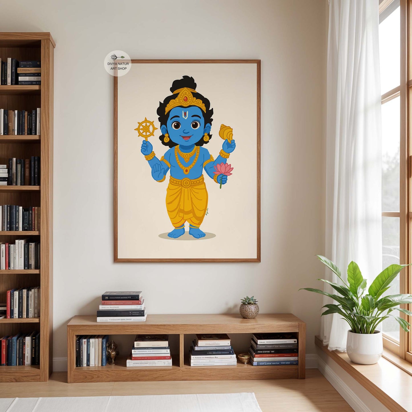 Baby Vishnu artwork with golden ornaments and conch shell for traditional Hindu home decor styling