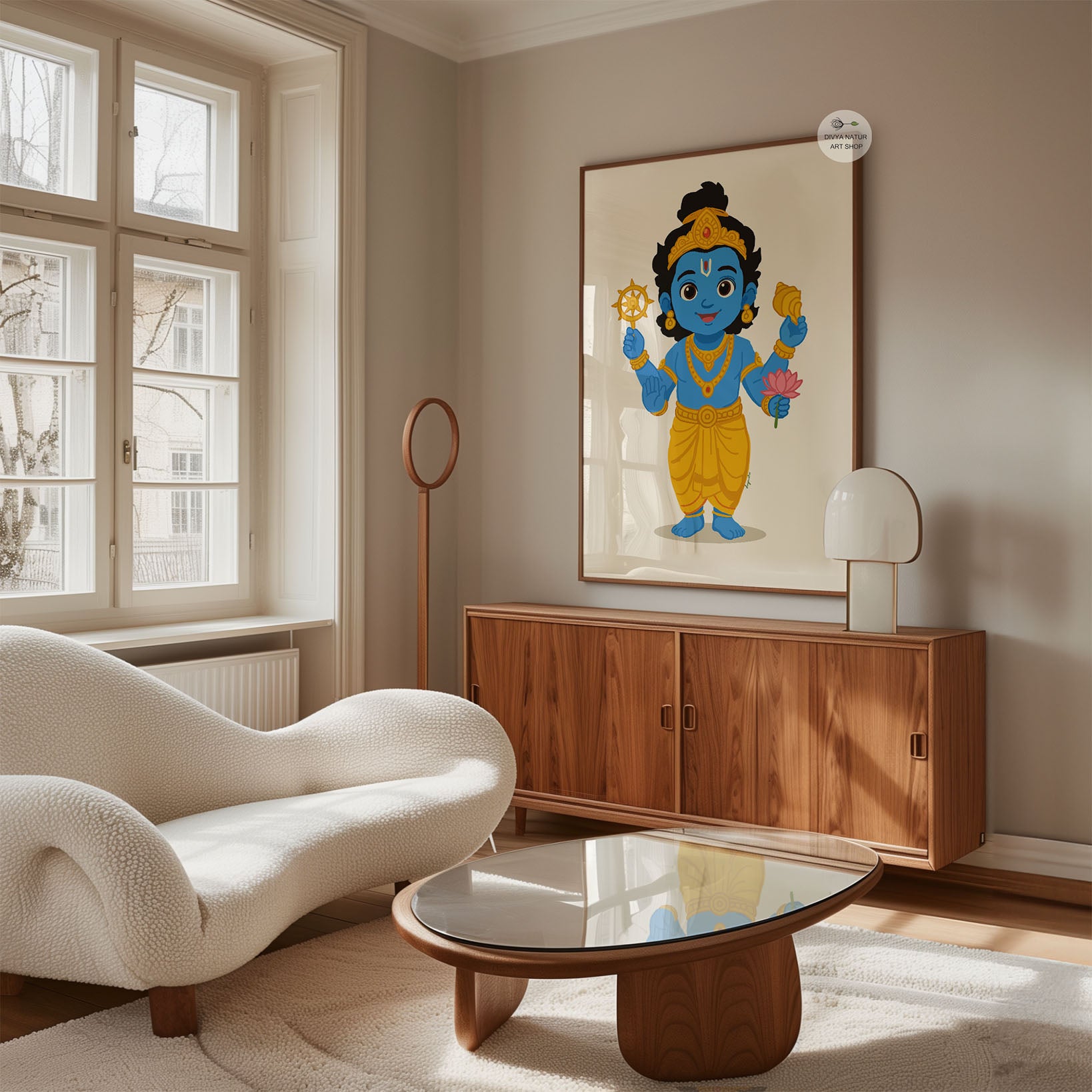 Blue baby Vishnu holding lotus flower and chakra hand illustrated Indian spiritual wall decor