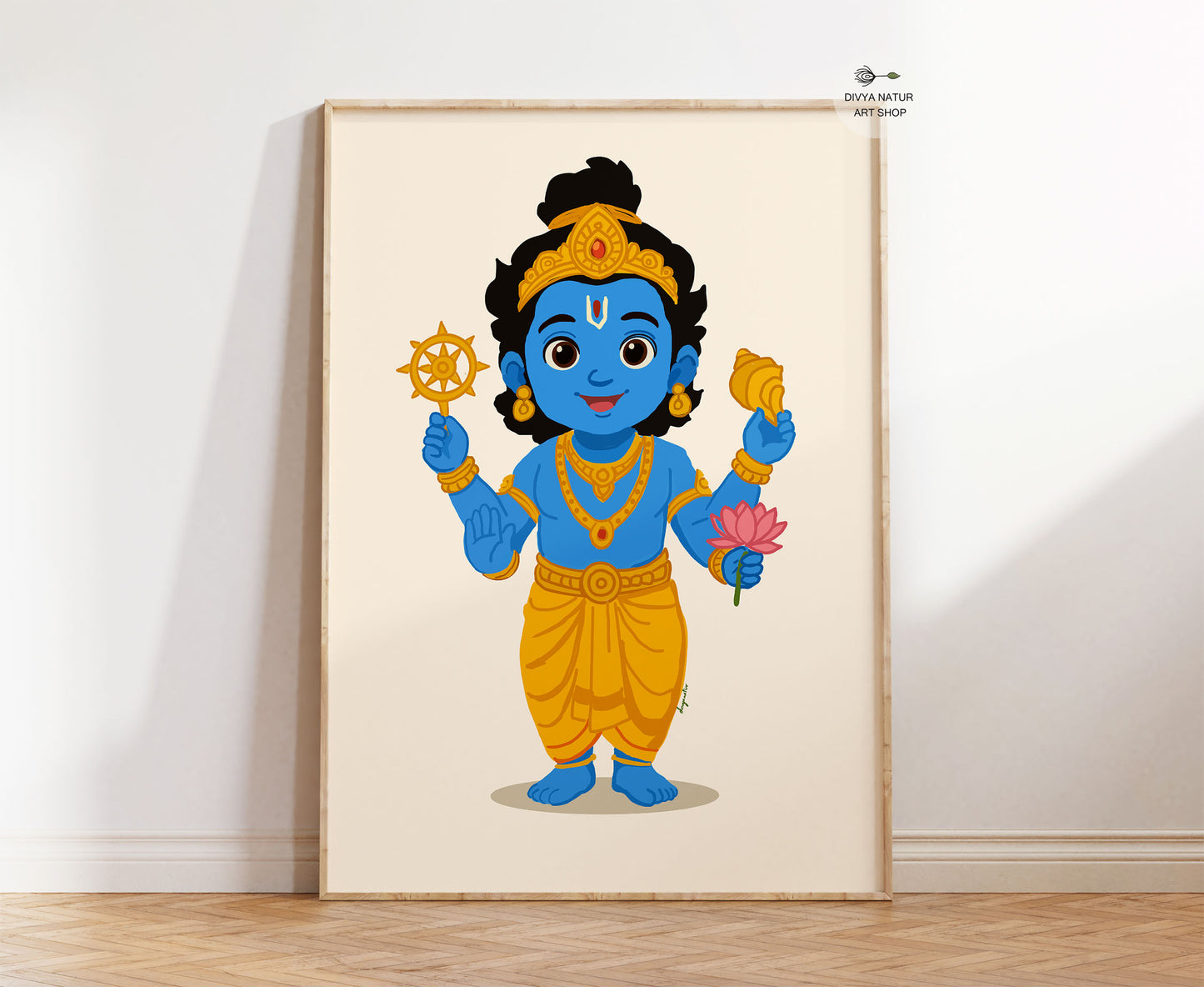 Hand illustrated Baby Vishnu wall art print featuring blue skin, chakra, conch and lotus for Hindu nursery decor