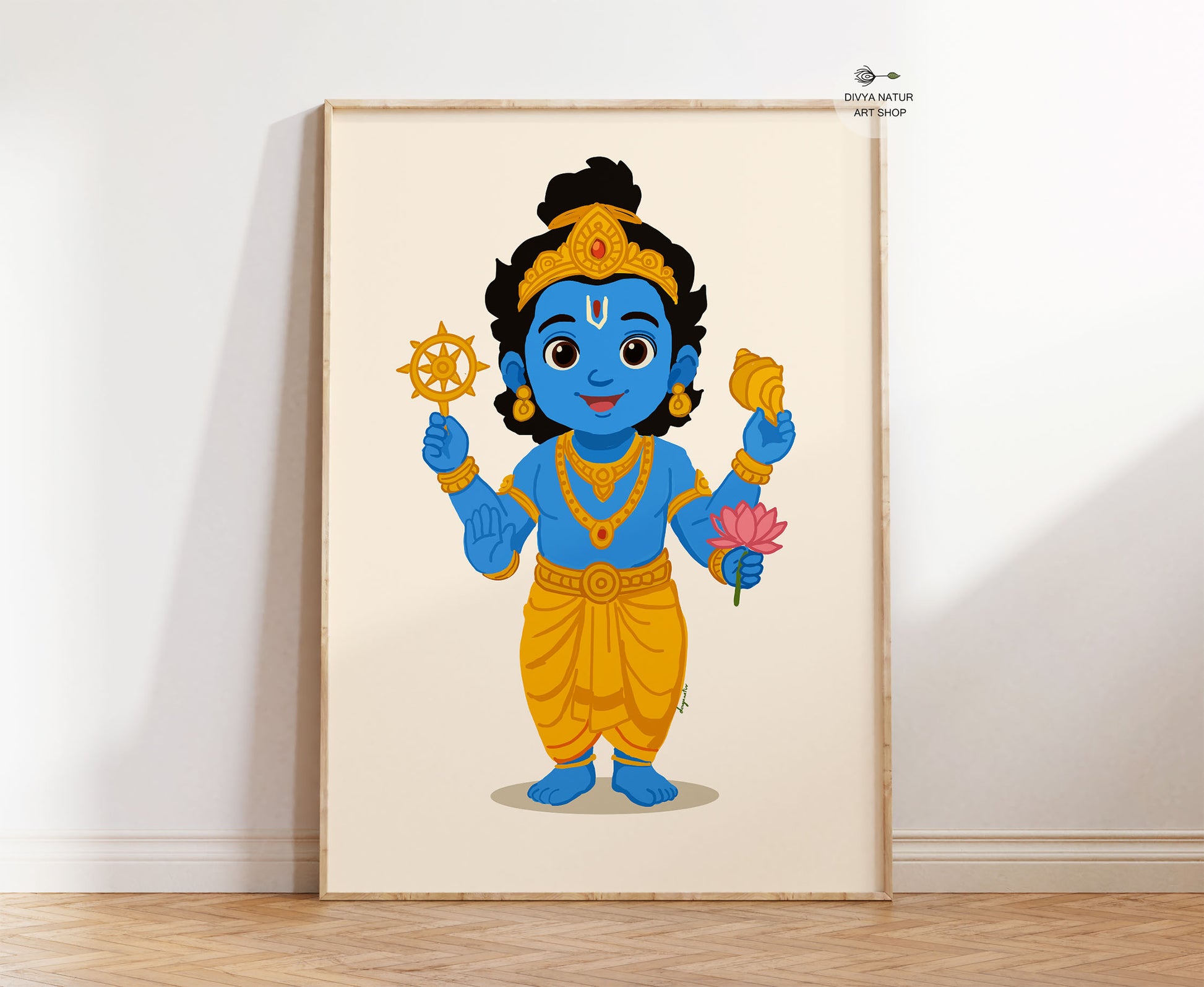 Hand illustrated Baby Vishnu wall art print featuring blue skin, chakra, conch and lotus for Hindu nursery decor