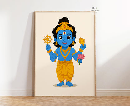Hand illustrated Baby Vishnu wall art print featuring blue skin, chakra, conch and lotus for Hindu nursery decor