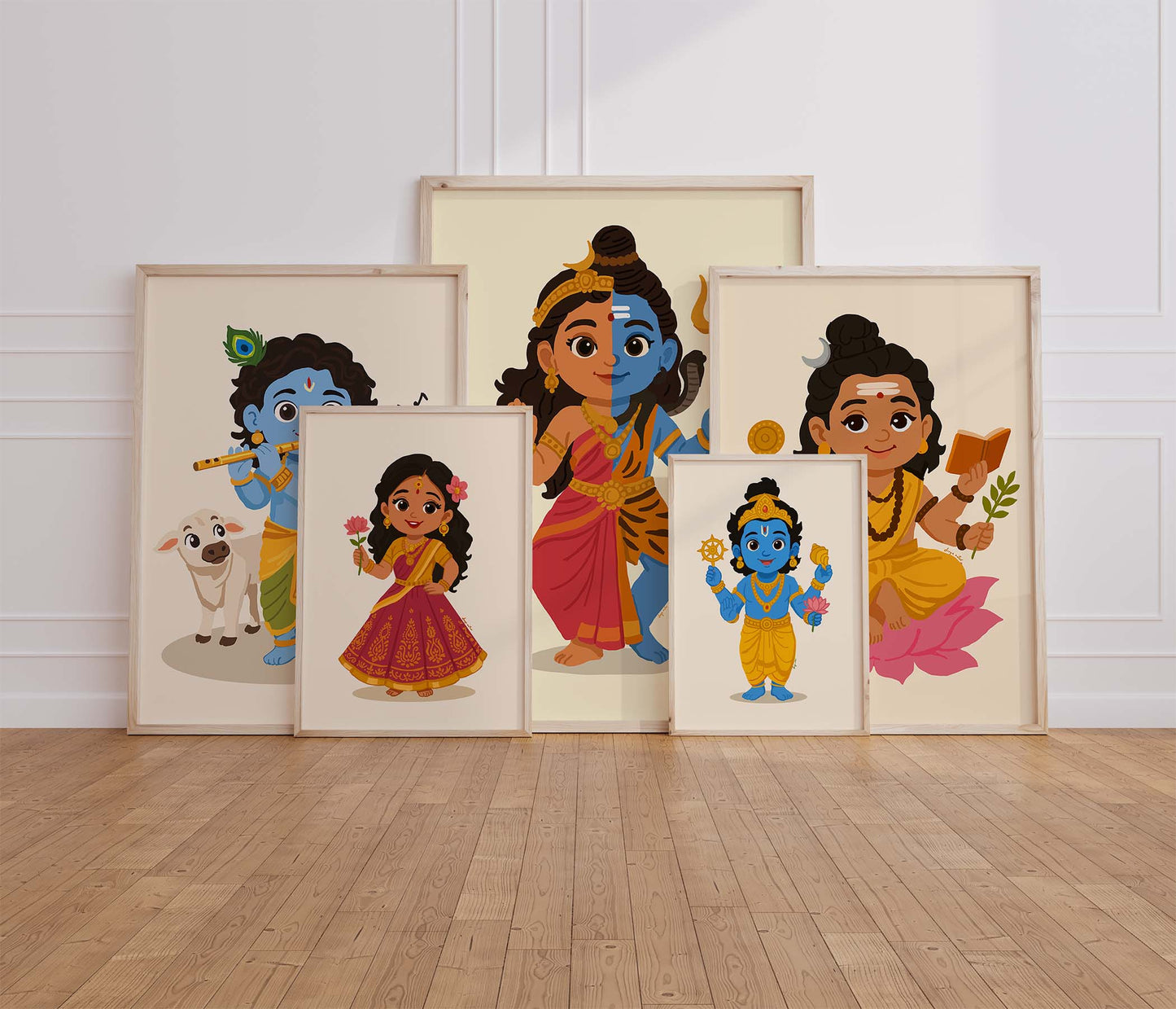Soft pastel Hindu nursery art print featuring Baby Vishnu with blessing hand gesture